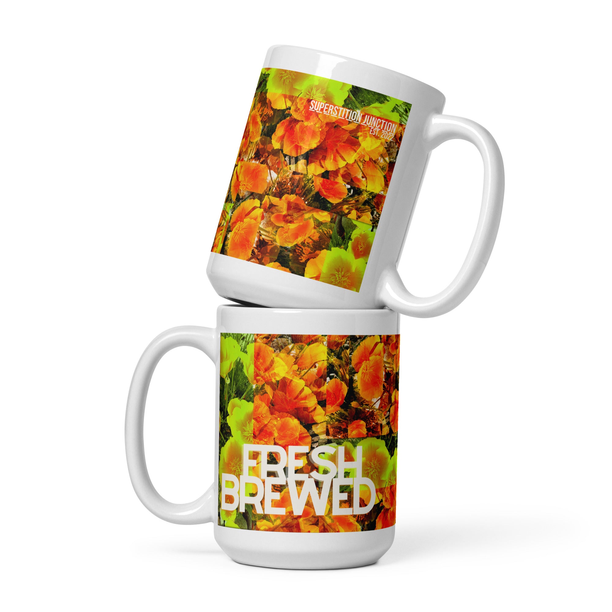Fresh Brewed - Wild Poppies AZ - White glossy mug – Superstition